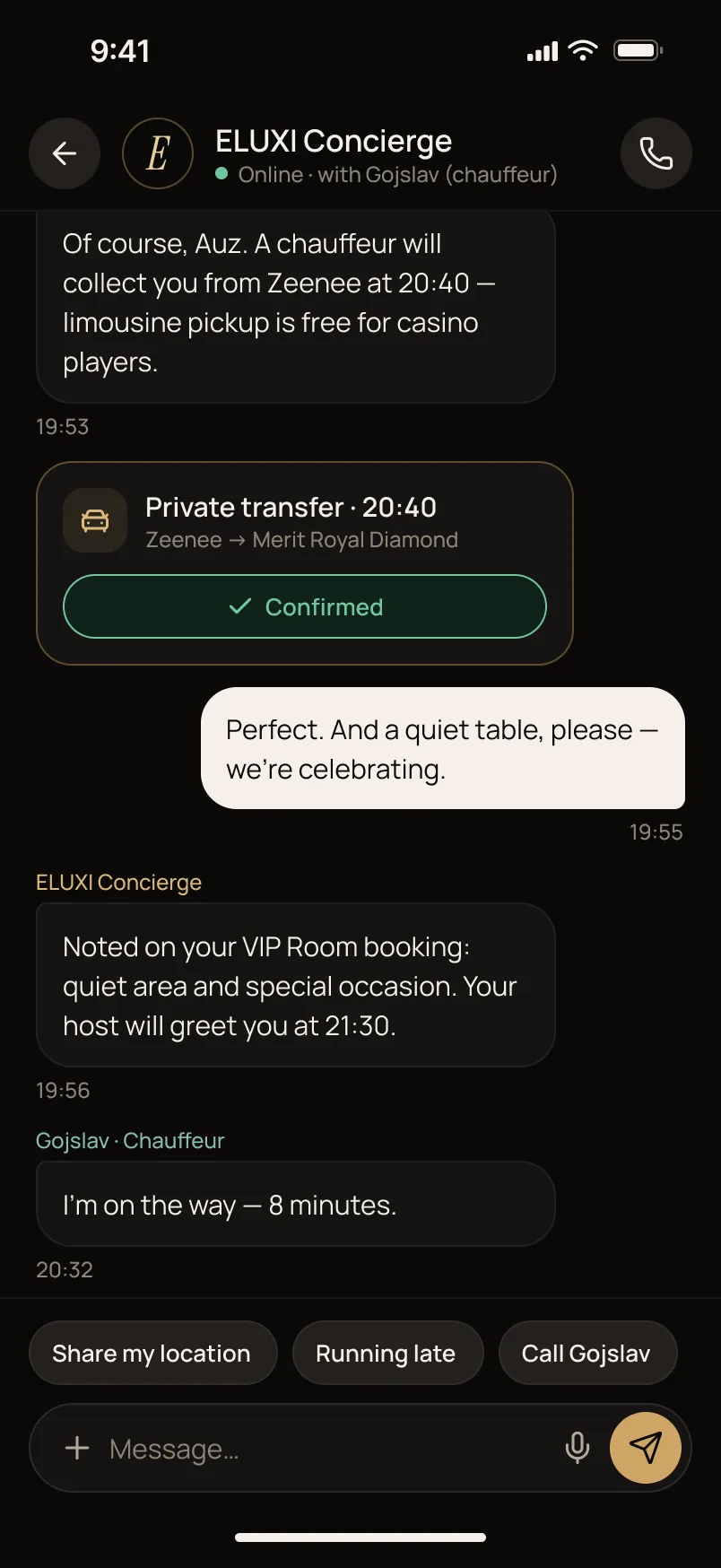 Concierge conversation with the chauffeur in the same thread