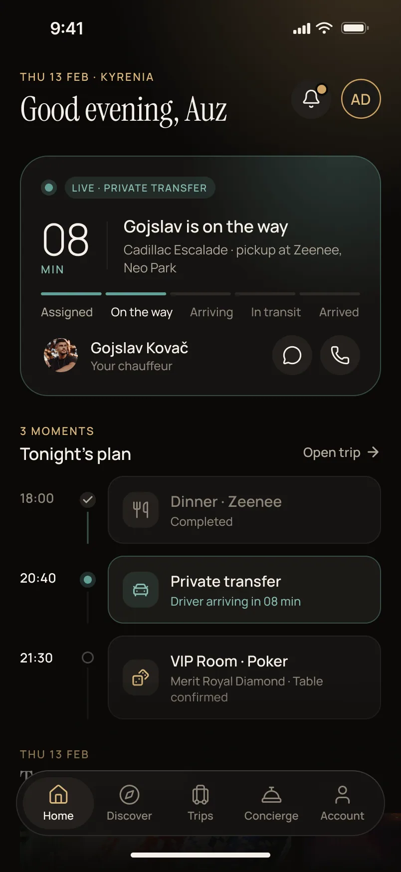 Home in live evening mode with the private transfer on top
