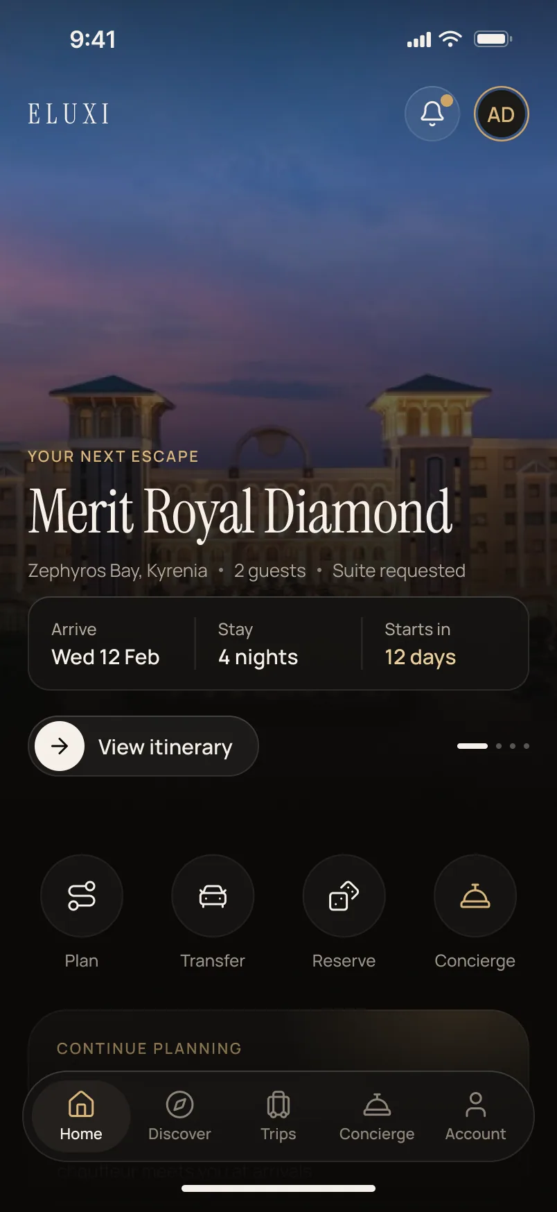 Planning mode: the next escape as a hospitality summary — arrive, stay, starts in