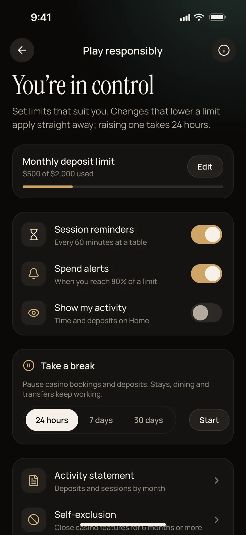 Play responsibly hub with limits and reminders