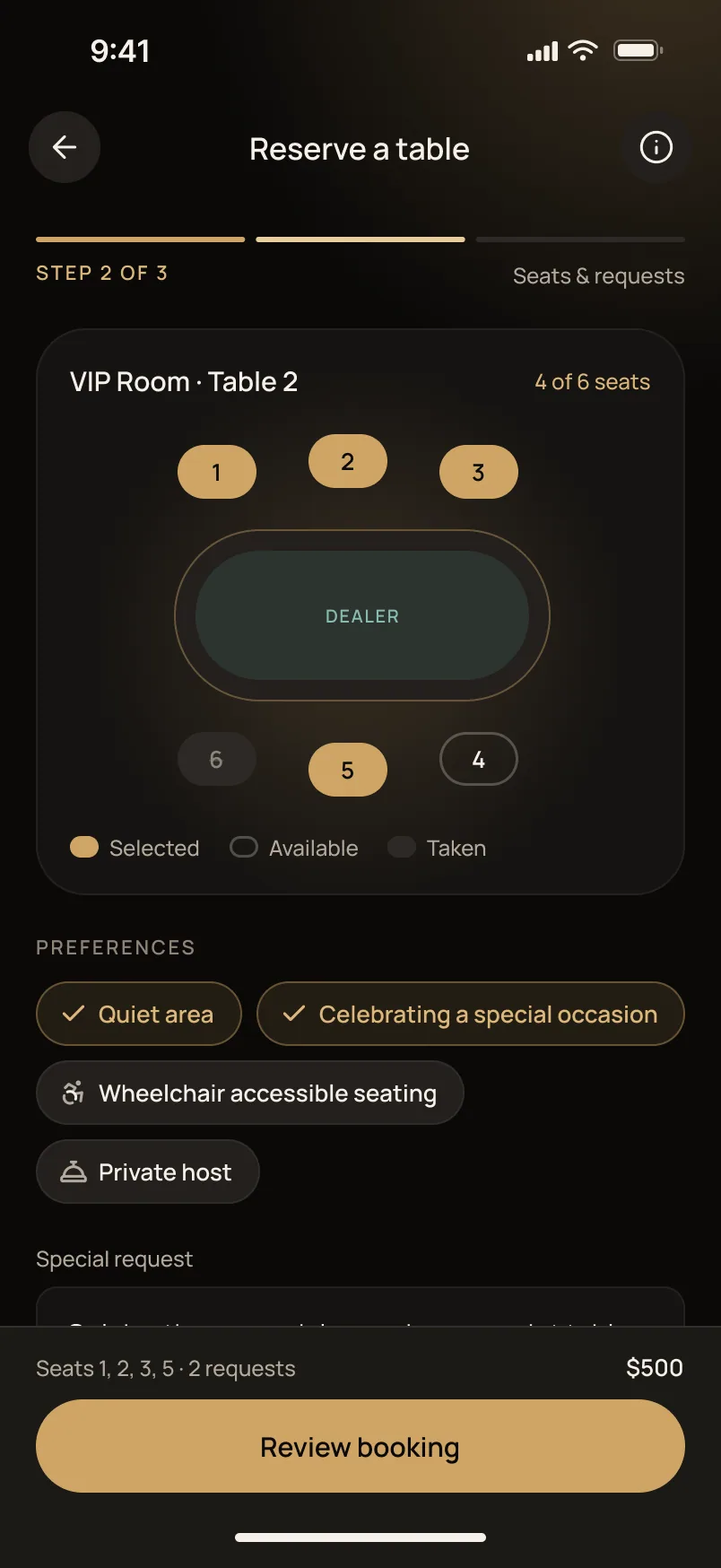 Reserve: seats and requests