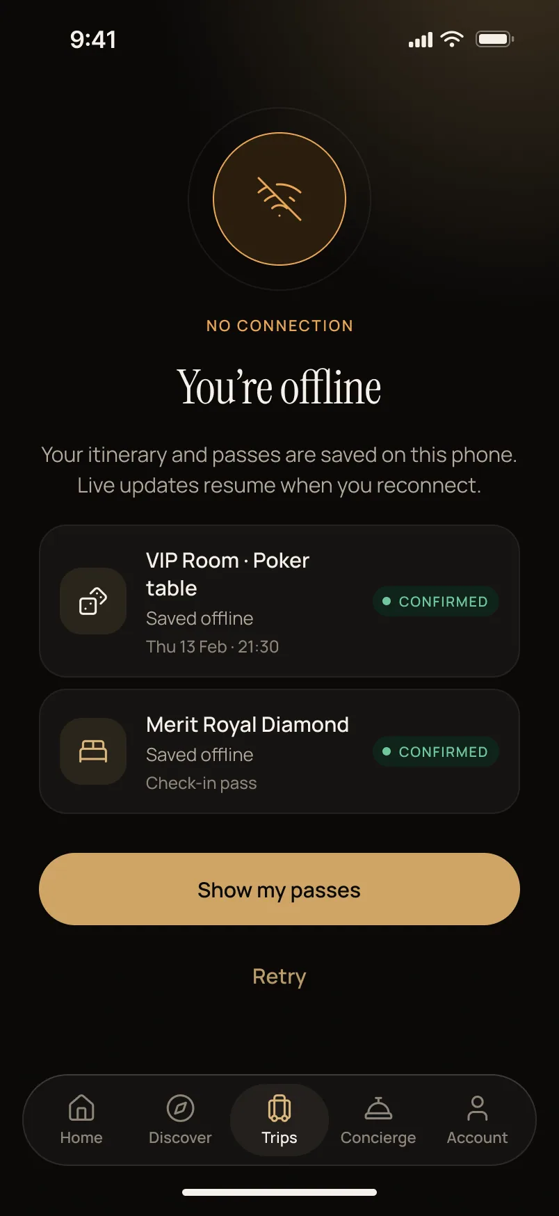 Offline — saved trip still available