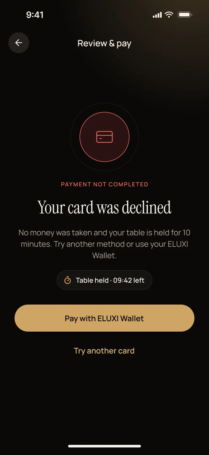 Payment failed — no money taken