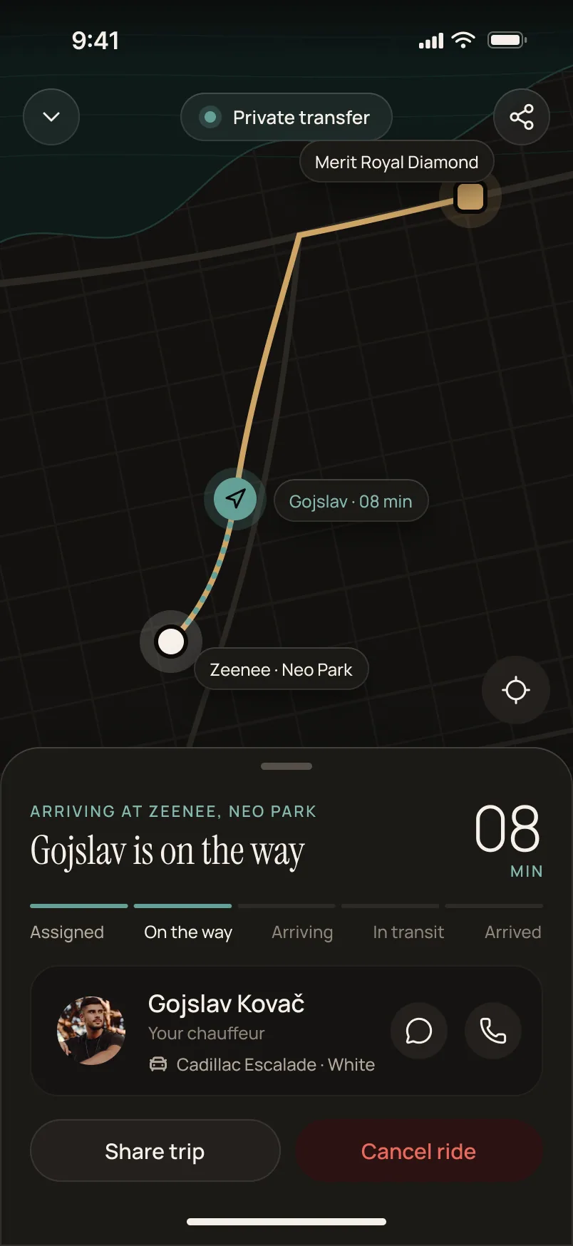 Live transfer: driver on the way, with map and ETA