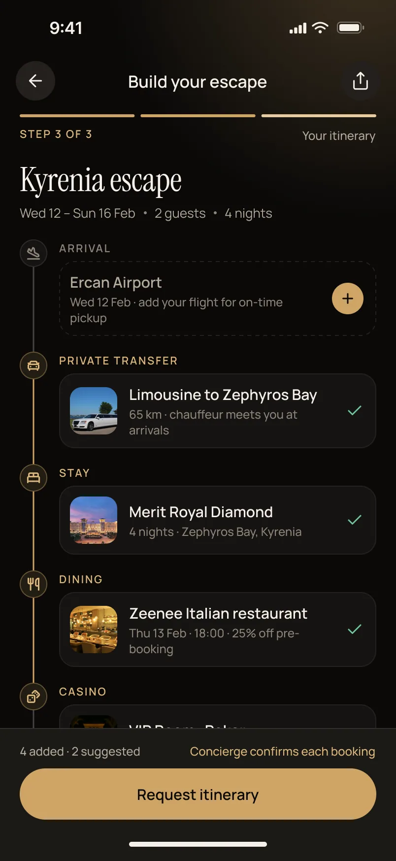Trip builder: one itinerary sent to the concierge