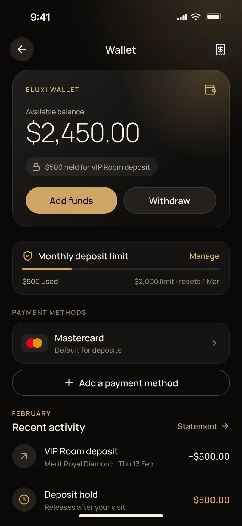 Wallet: deposit held, limits visible
