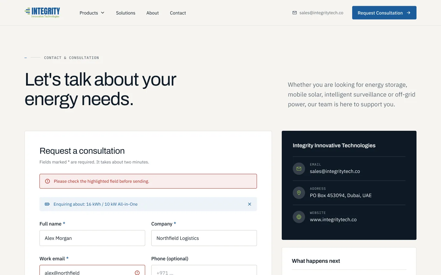 Consultation form with inline validation
