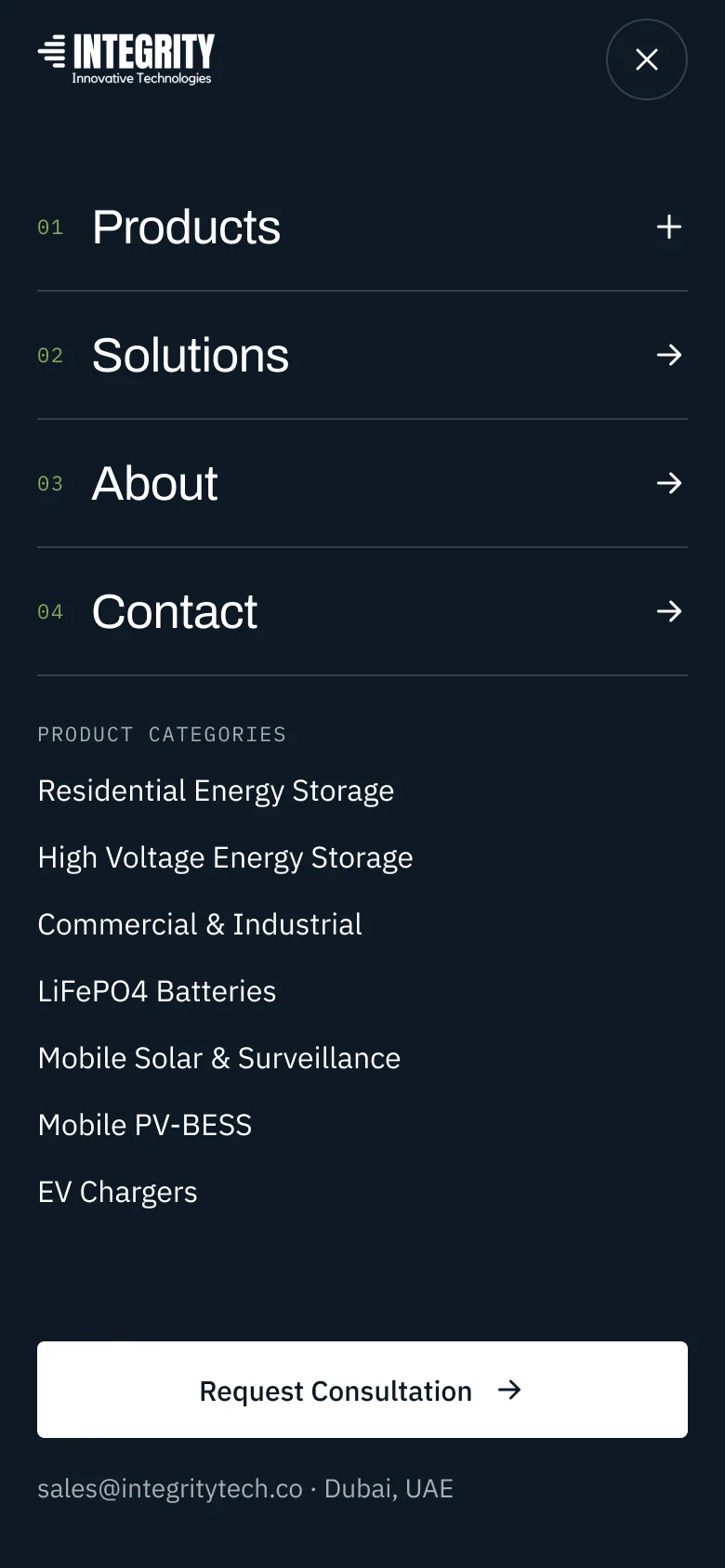 Mobile full-screen menu with the consultation CTA