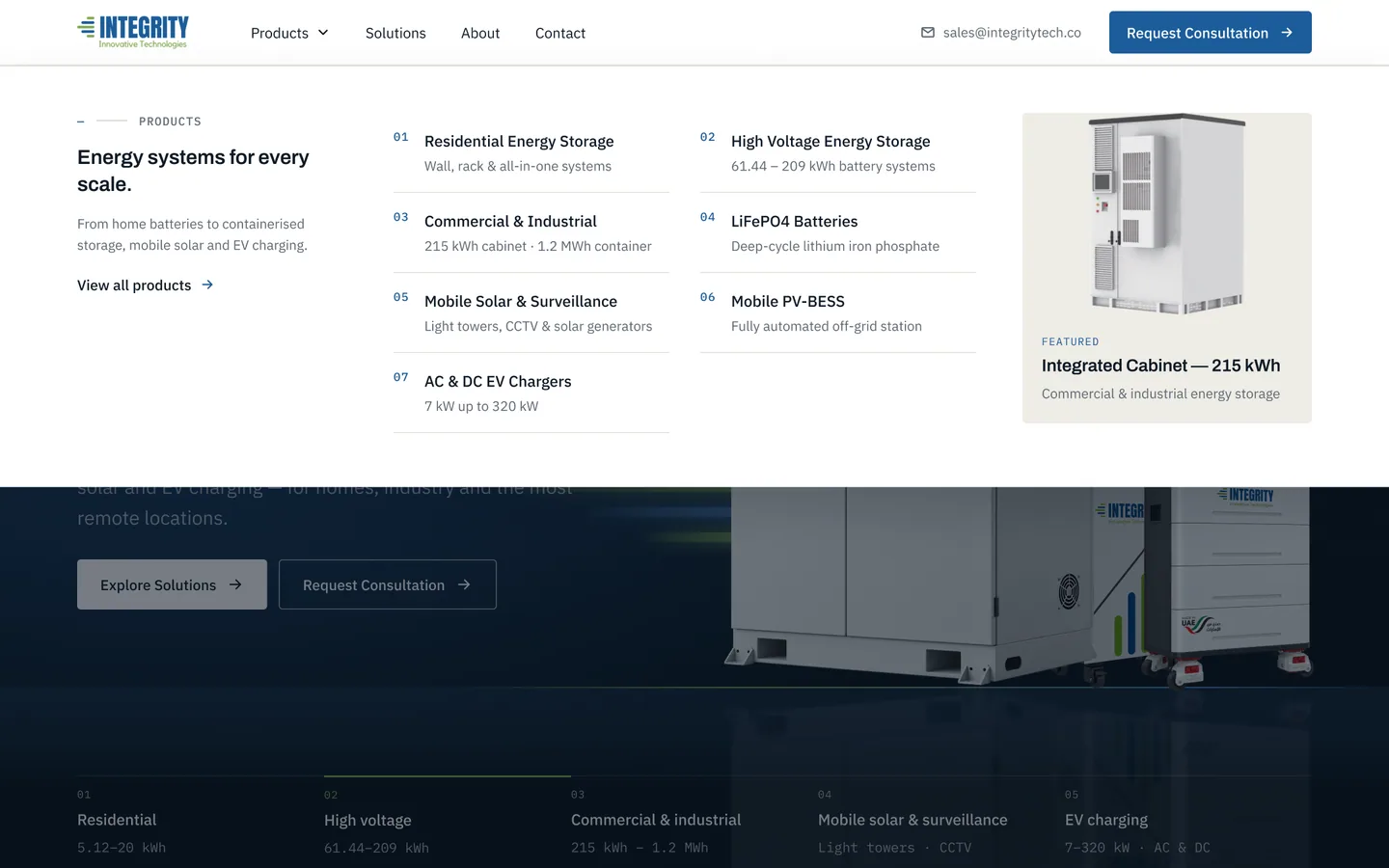 Products mega-menu open over the home page