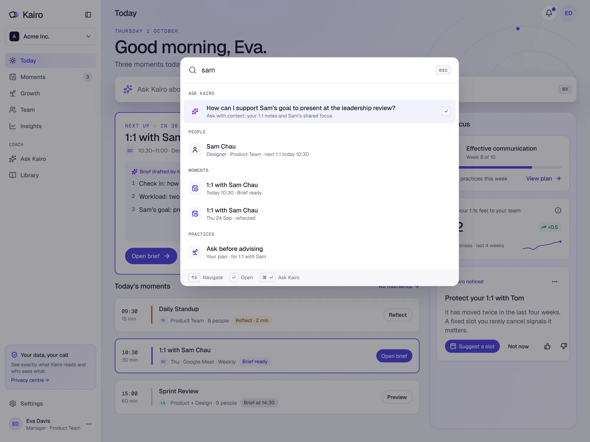 Command palette (⌘K): search and Ask Kairo