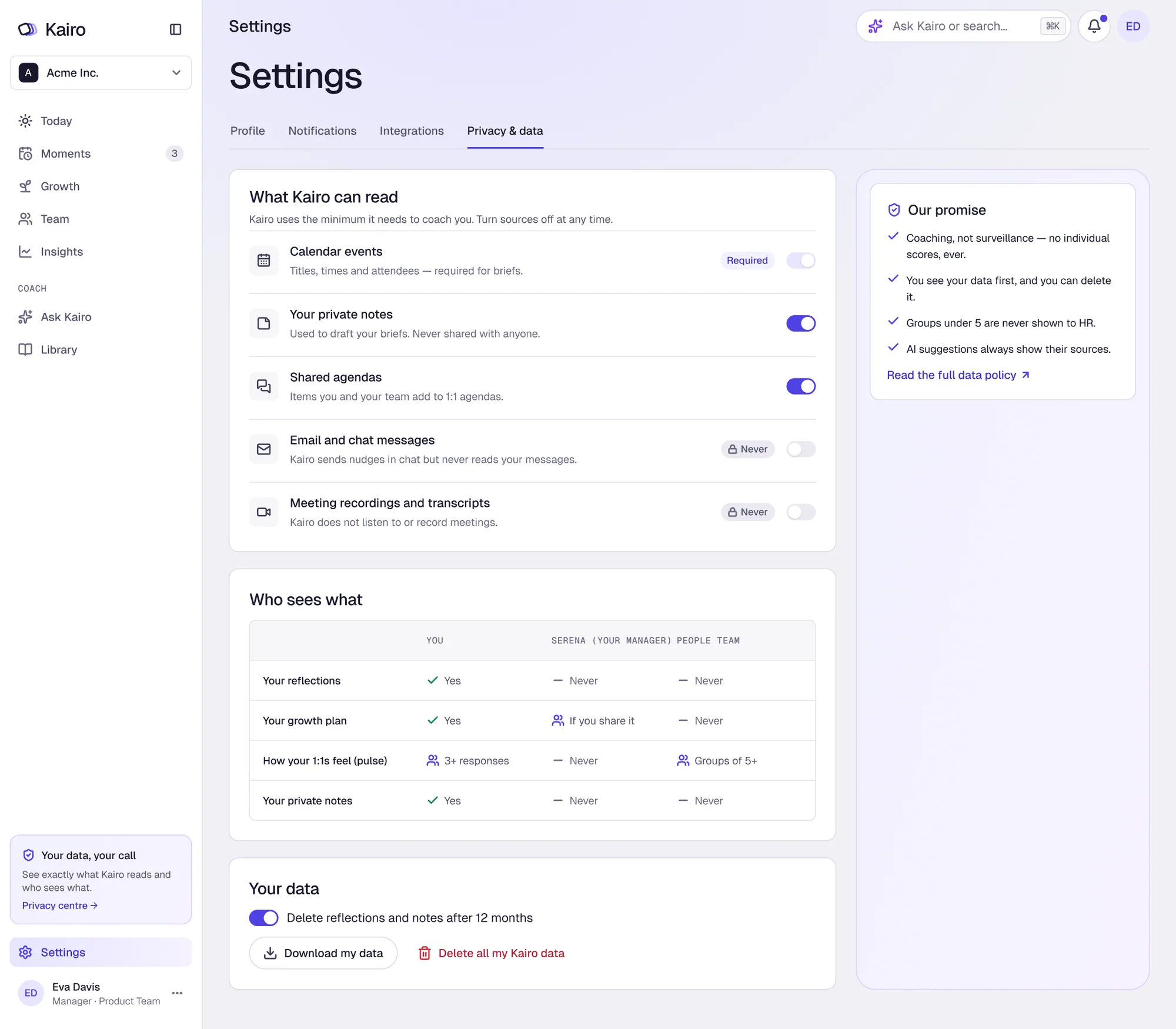 Settings — privacy and data, with a who-sees-what table