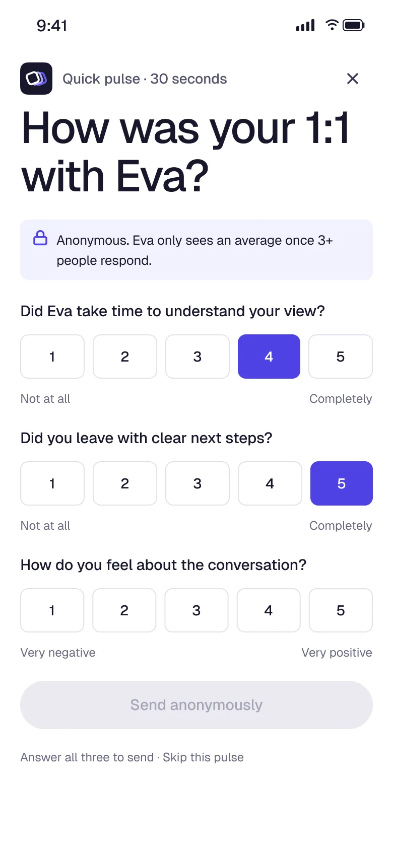 Thirty-second anonymous pulse for a team member