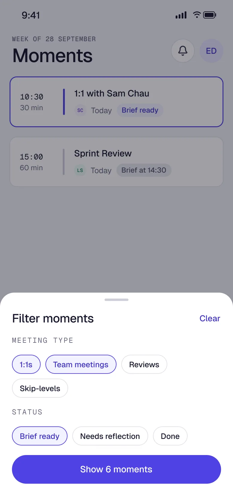 Moment filters as a bottom sheet
