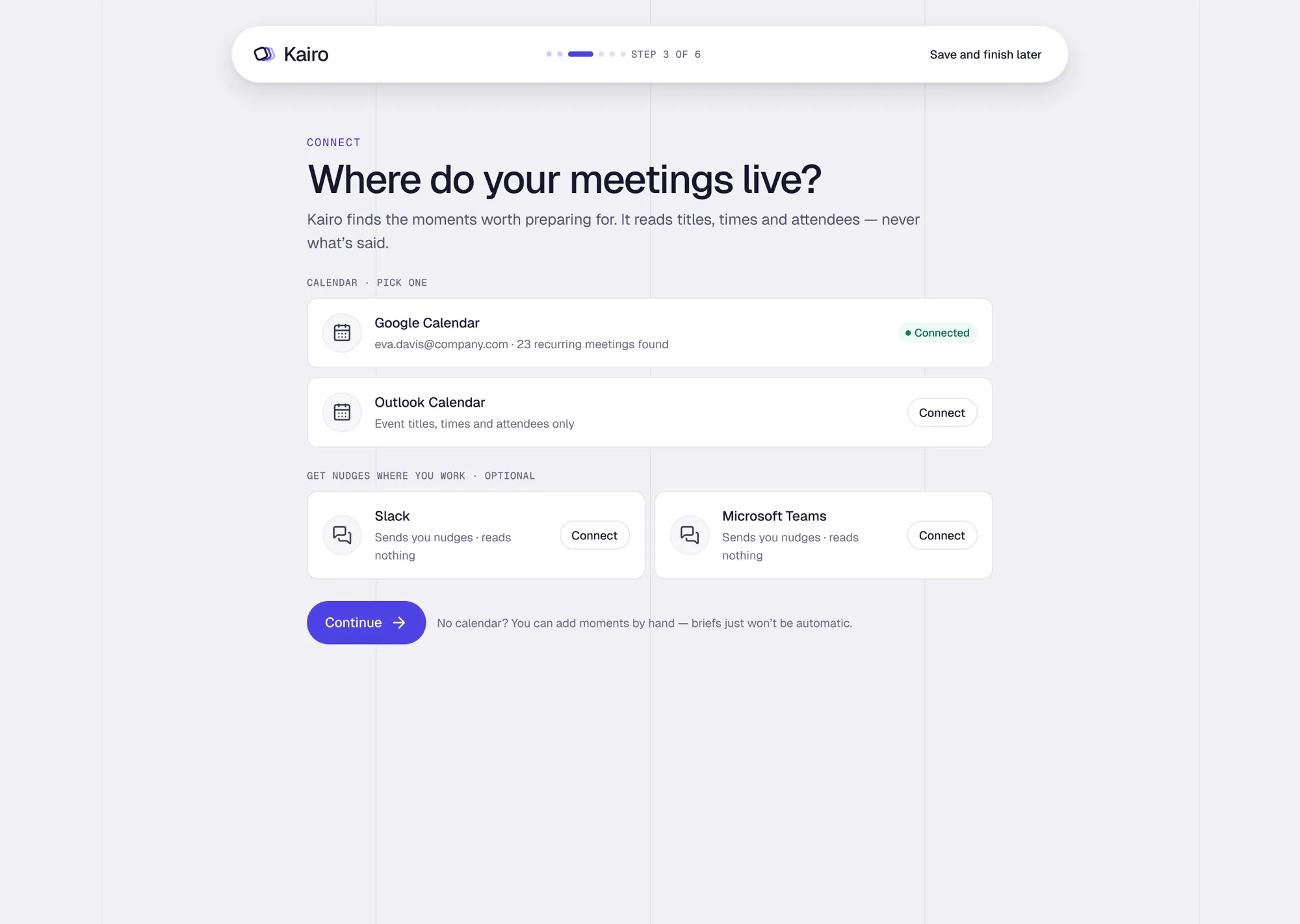 Onboarding: connect your calendar
