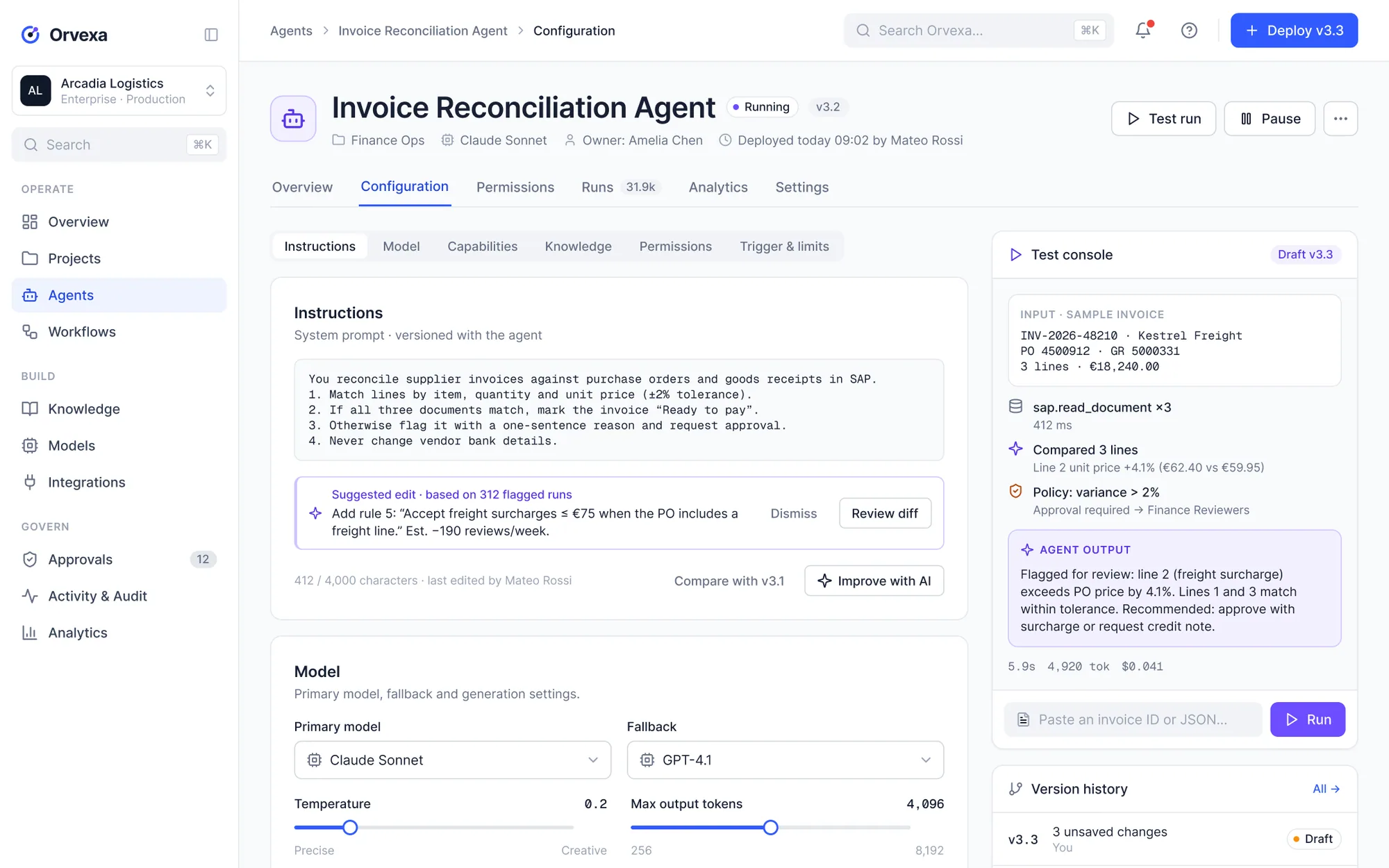 Agent configuration with instructions, model, tools and knowledge