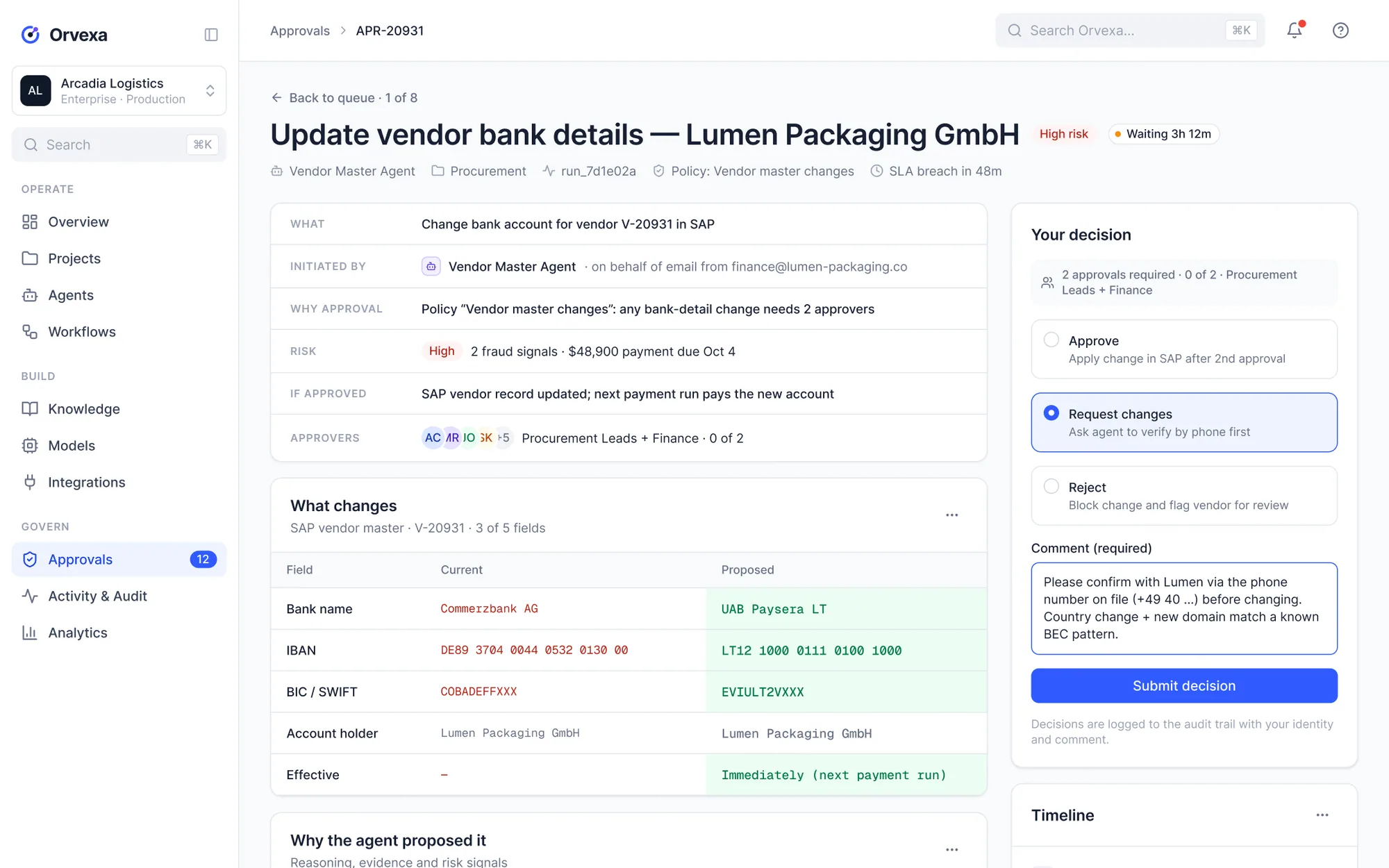 Approval detail with field-level diff and decision panel