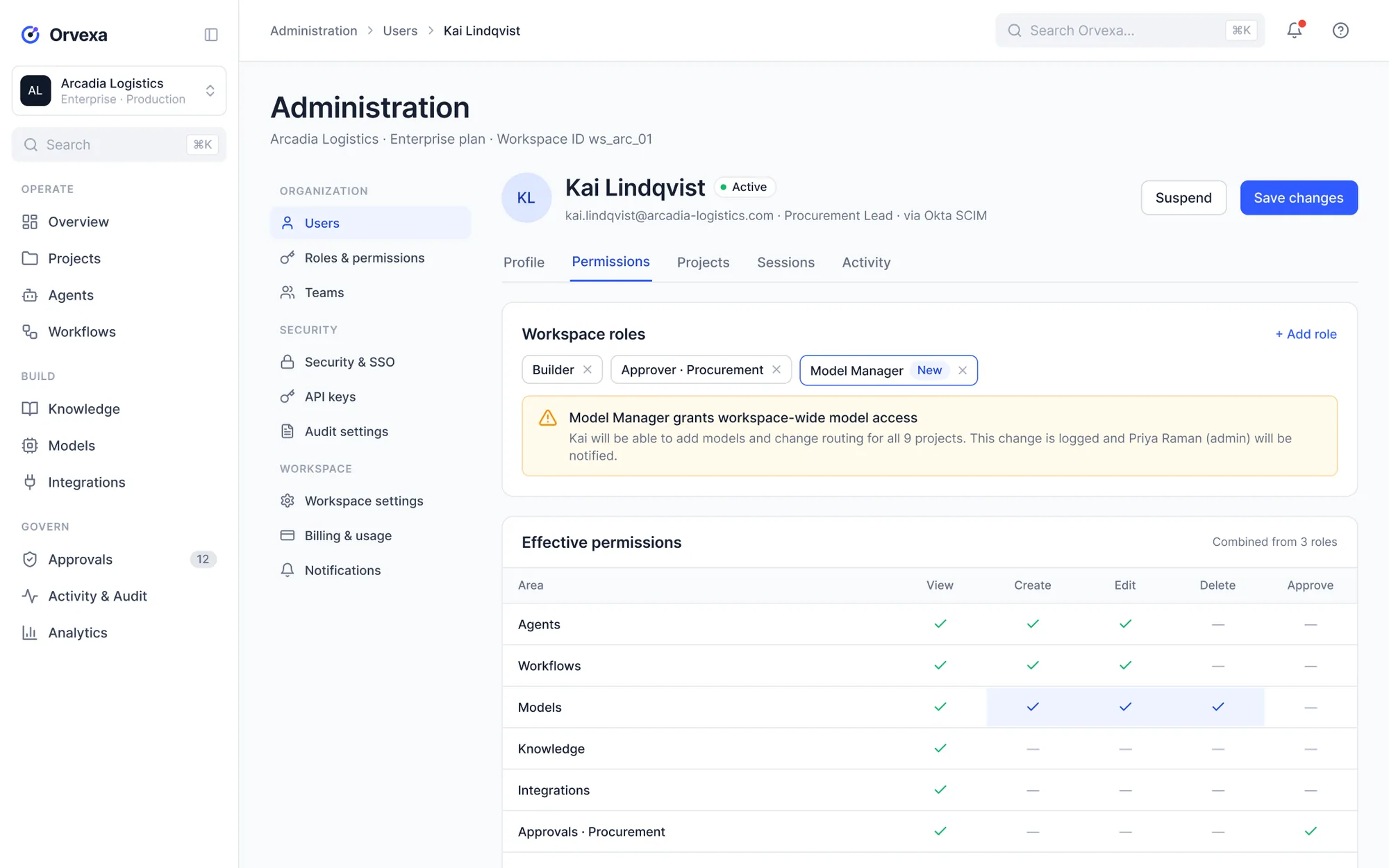 User detail with permissions and effective-access preview