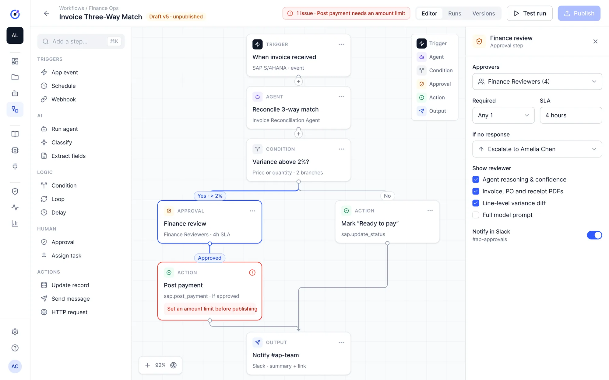 Workflow builder canvas with an approval path