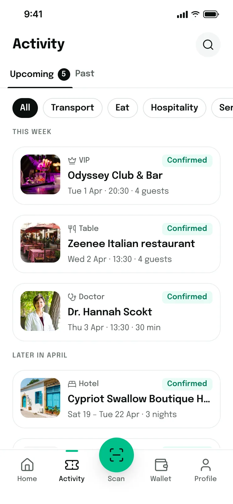 Activity tab listing upcoming bookings by type