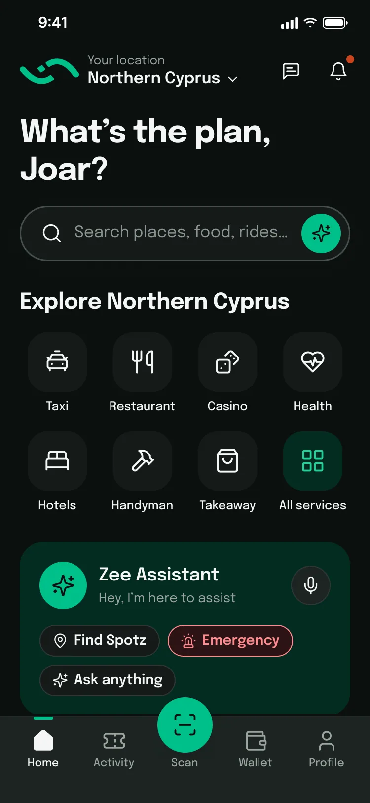 Home screen in dark mode