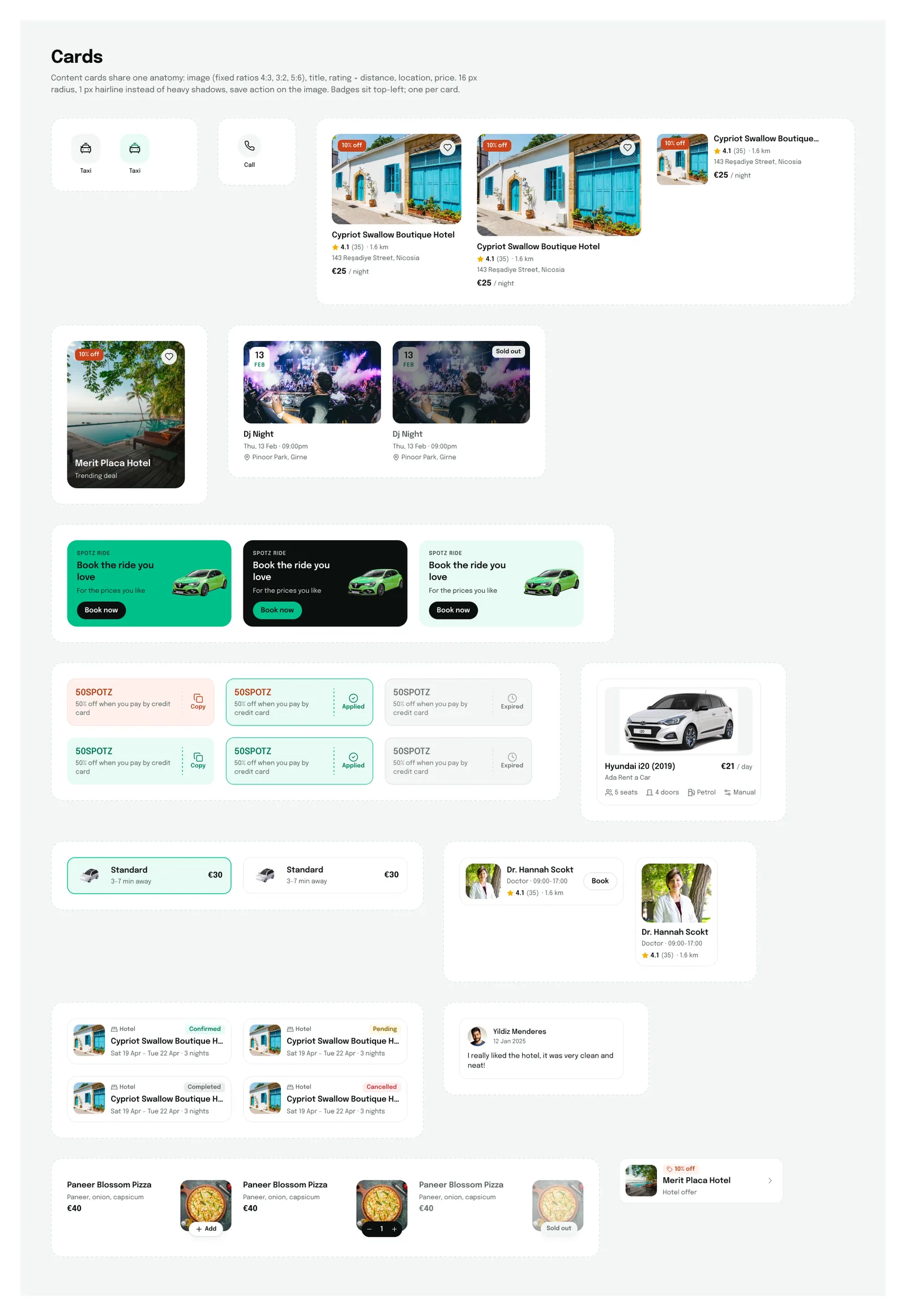 Spotz card components: listings, offers, bookings and reviews
