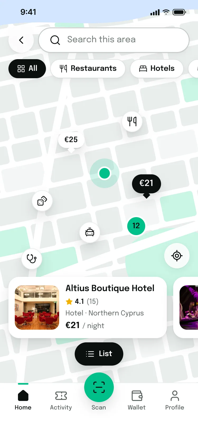 Explore nearby: a map with a preview card for the selected pin