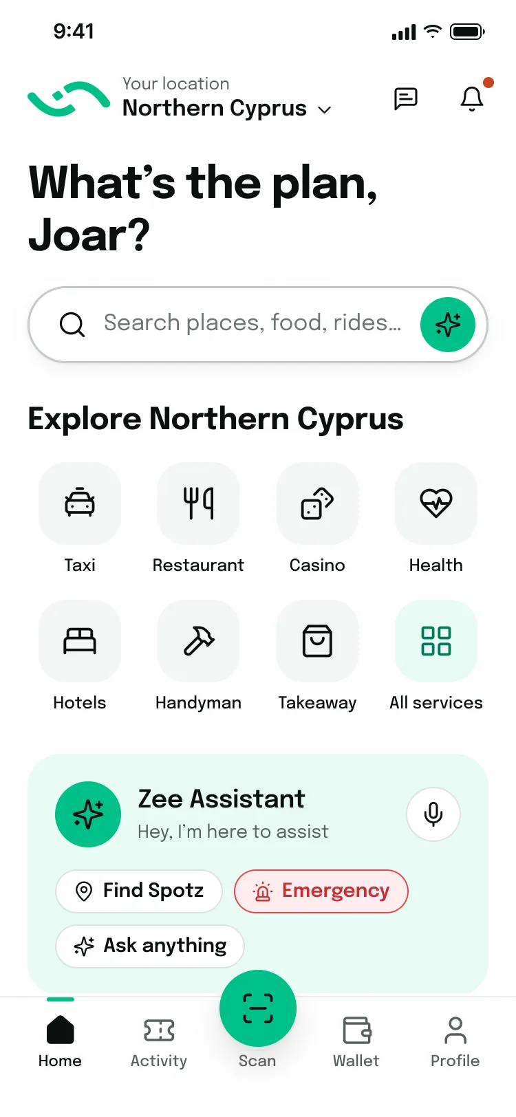 Home leads with search, the service grid and Zee