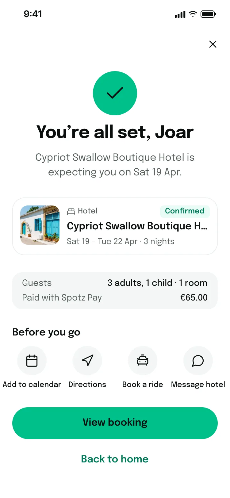 Booking confirmed screen