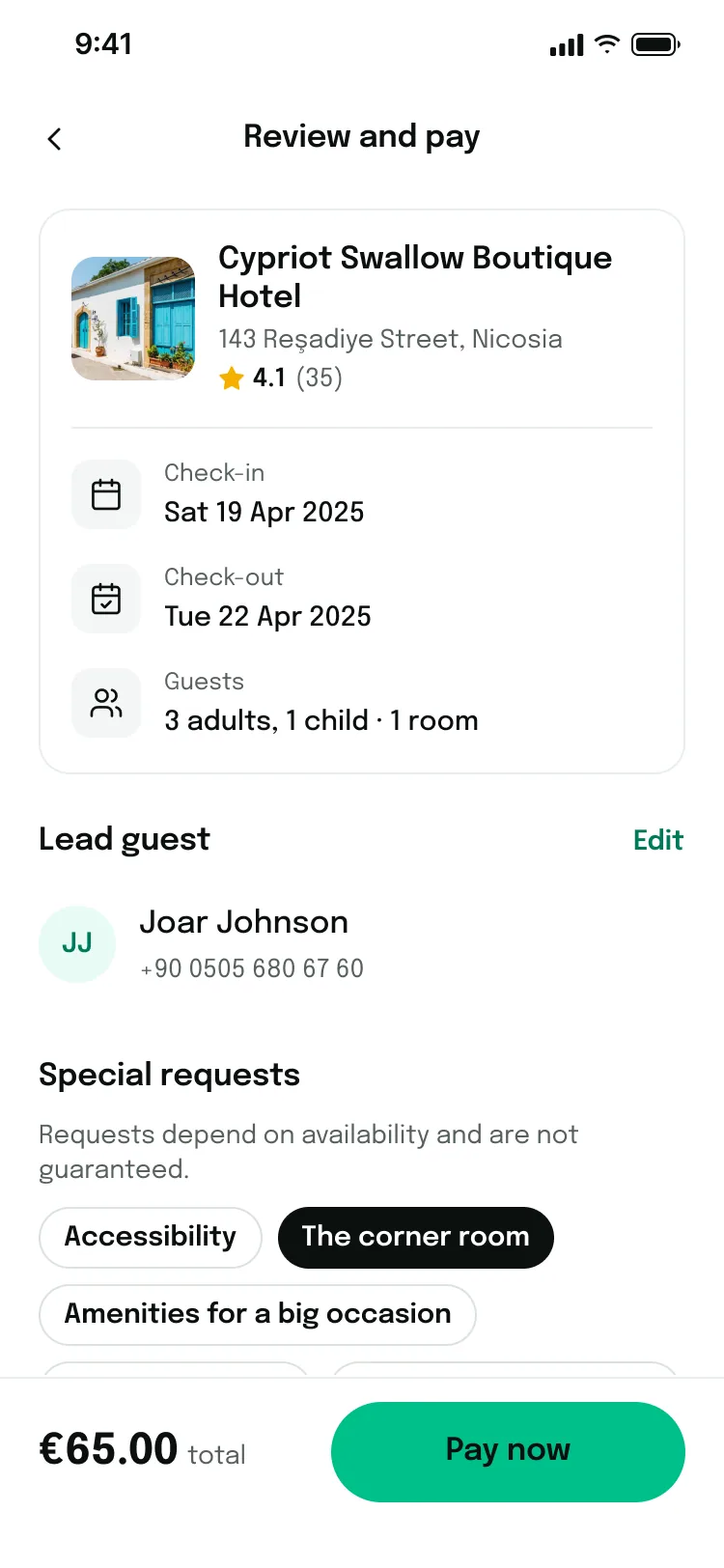 Review and pay screen with price breakdown