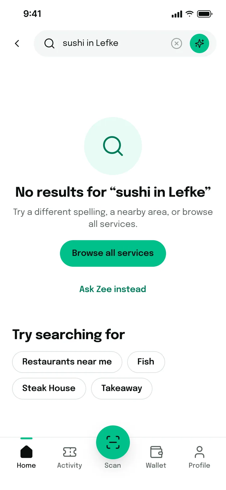 Search with no results, offering alternatives and Zee