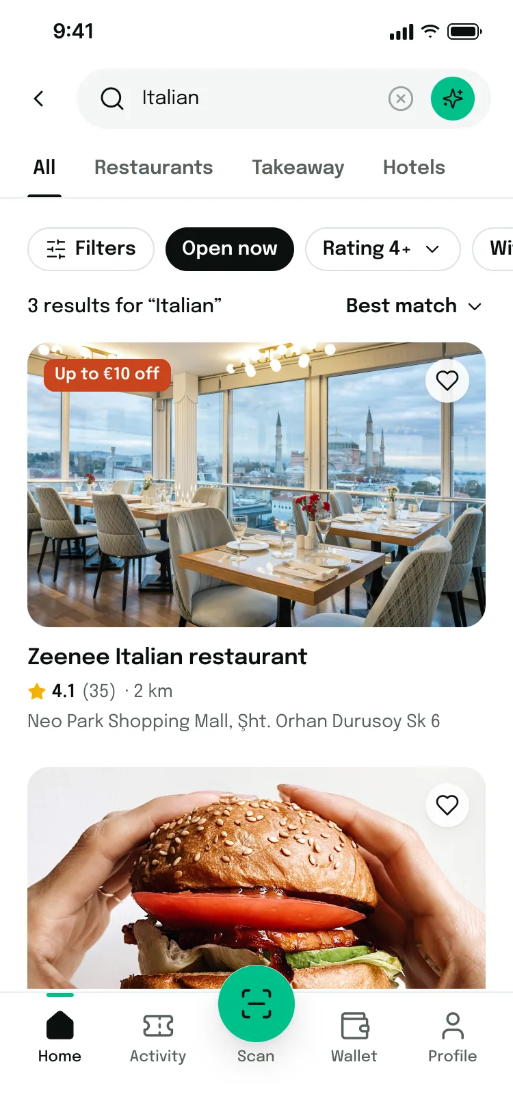 Search results with filters, category tabs and a map toggle