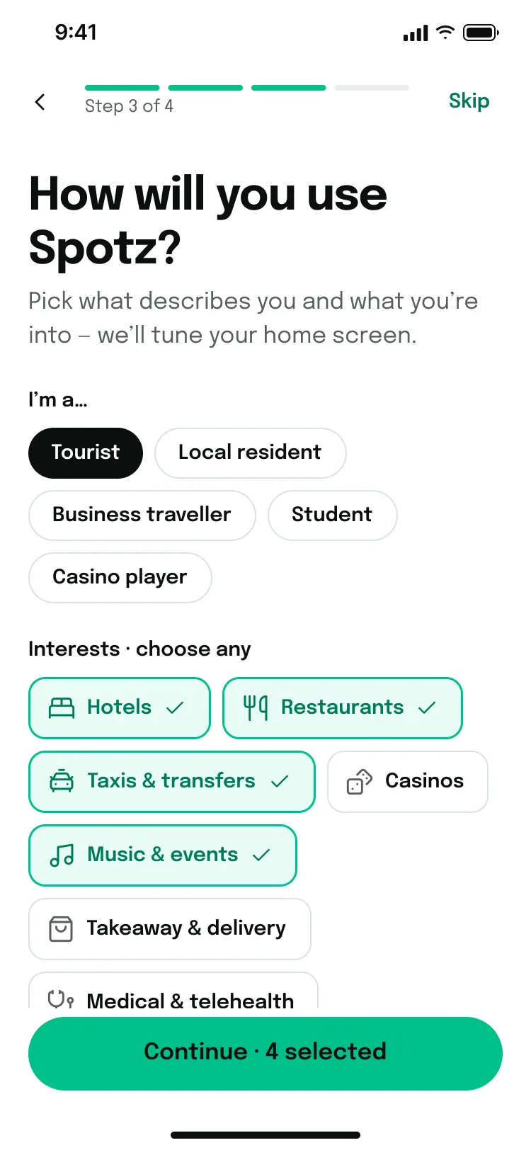 Onboarding step: choose your interests