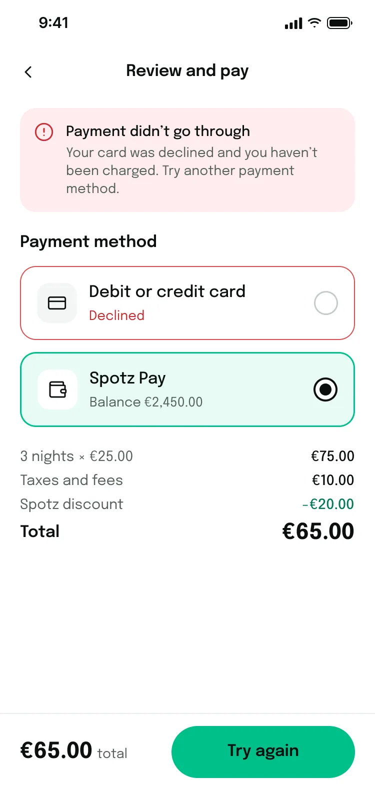 Payment failed: no money taken, try another method