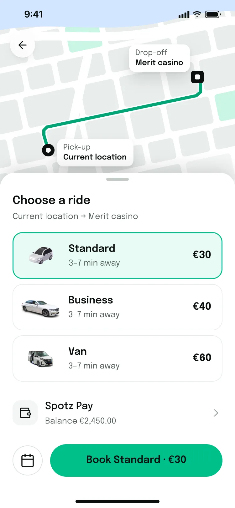 Choose a ride: three fares with the price visible before booking