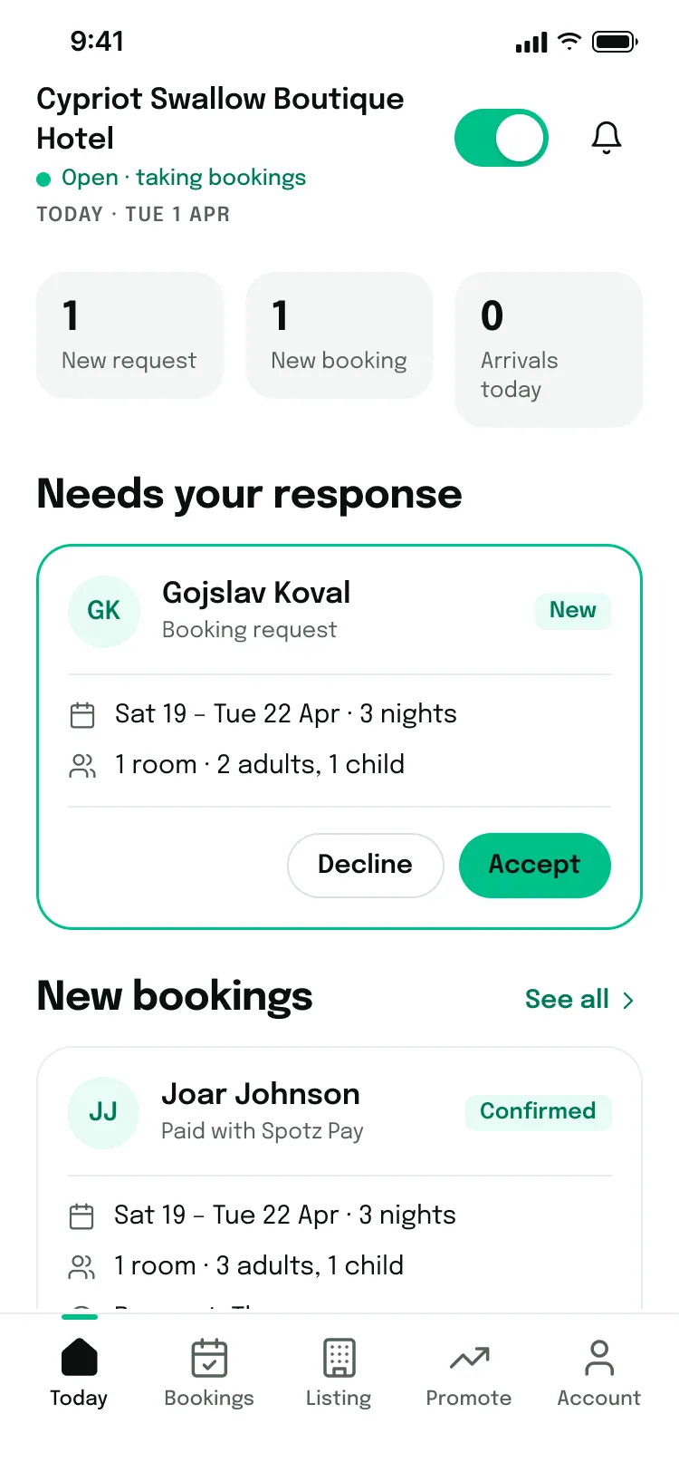 Hotel partner app: today’s bookings and arrivals