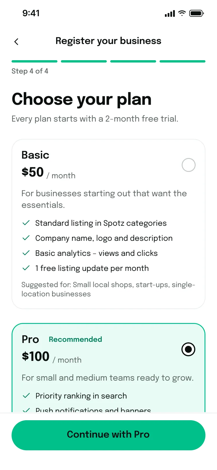 Partner onboarding: choose a plan