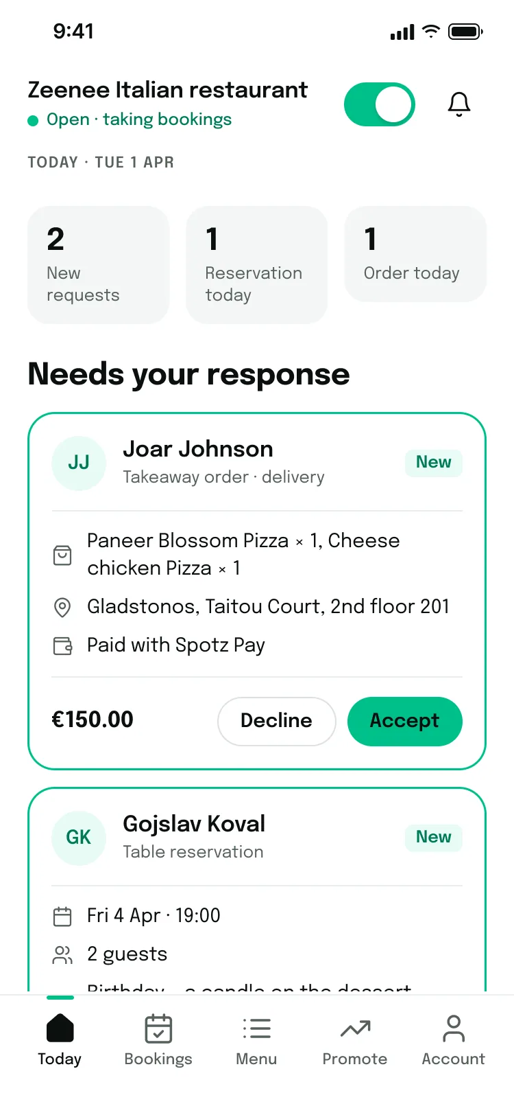 Restaurant partner app: today’s requests